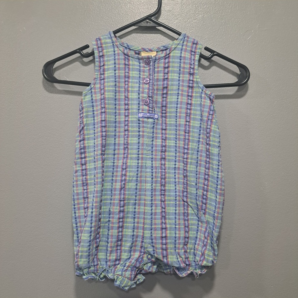 Vintage‎ Old Navy Baby Plaid Seersucker Romper Blue Green 18-24 Months XL